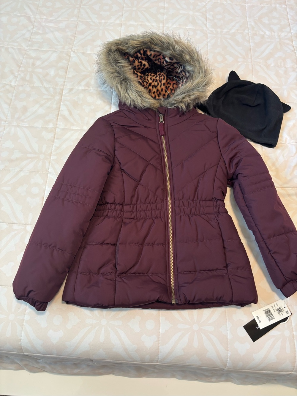 Girls' Plum Puffer Coat with Faux Fur Hood and Leopard Lining with beanie